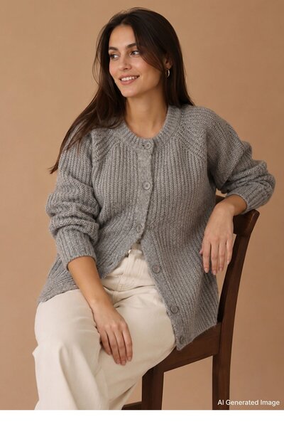Madmext Gray Crew Neck Thessaloniki Knitted Buttoned Women's Cardigan Mg2487