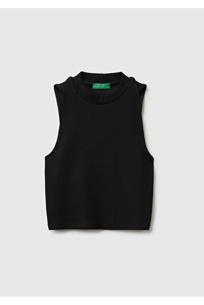 United Colors of Benetton قميص تي شيرت مضلع من مزيج القطن الأسود للنساء بياقة...