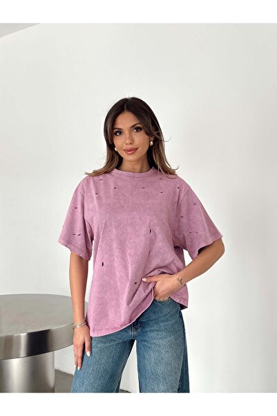 mydukkan.co Delikli Yıkama T-shirt - Lila