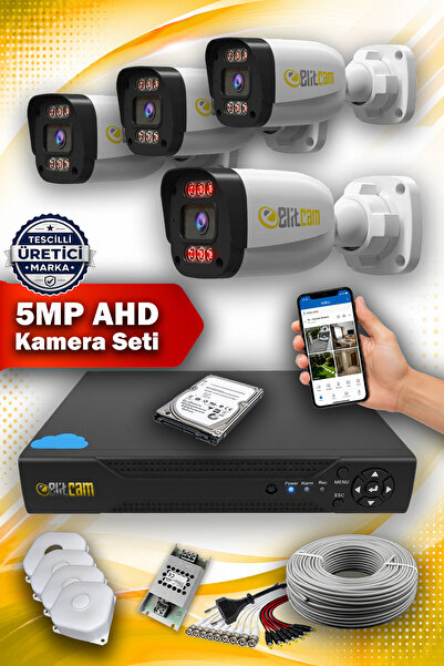 Elitcam 4 Kameralı Zebra 4 Dış Kamera Set 100 GB 5 MP 2K Net Gece Görüşlü Güv...