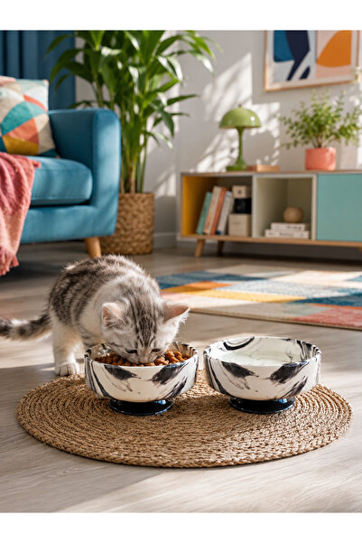 daiza home Mama Kabı Kedi ve Köpek Ayaklı 2 li Seramik Doğal Mama ve Su Kabı ...