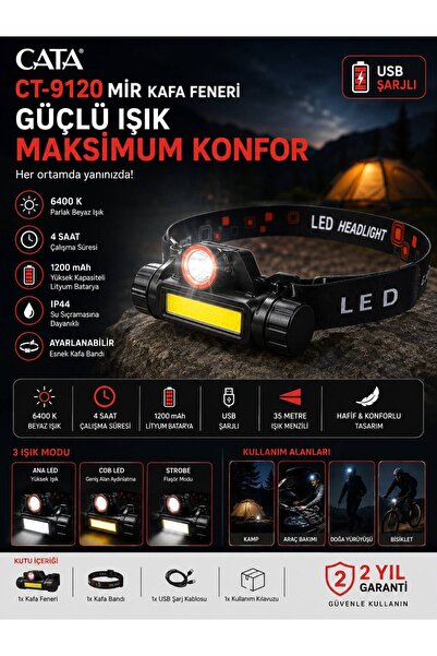 Cata CT-9120 LED KAFA FENERİ (ŞARJLI)ÇİFT FONKSİYONLU UZUN MESAFE -ORTAM AYDINLATMASI
