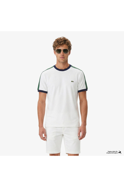 Lacoste Erkek Regular Fit Bisiklet Yaka Renk Bloklu Beyaz T-Shirt