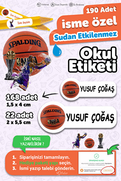 MSticker Okul Etiketi Kalem Defter Etiketi Basketbol Temalı Isim Yazılabilen ...
