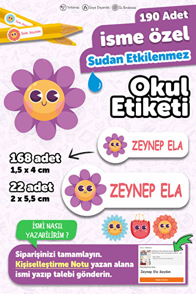 MSticker Okul Etiketi Kalem Defter Etiketi Çiçekler Temalı Özel Isim Yazılabi...