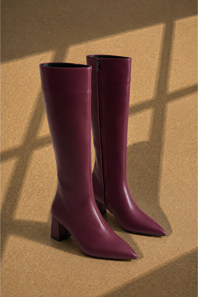 Niloshka VELORA Bordo Cilt Kadın Sivri Burun Fermuarlı Topuklu Çizme