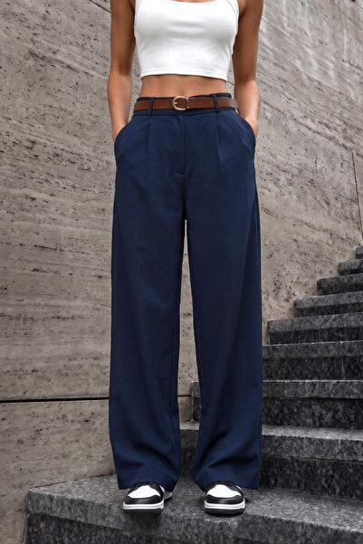BİKELİFE Women's Belted Oversize Loose Elastic Waist Palazzo Trousers
