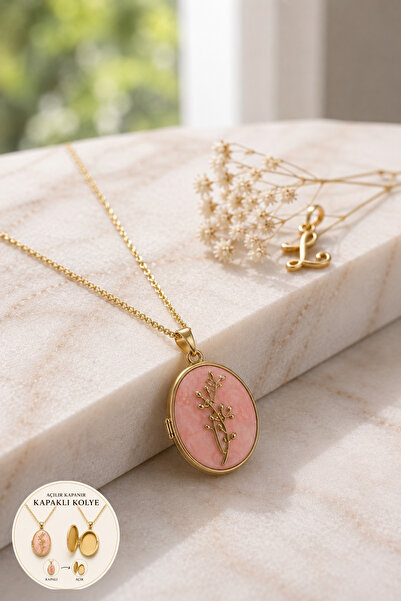 Luviant 316L Çelik Gold Pembe Mineli Çiçek Motifli Açılabilir Kapaklı Madalyo...