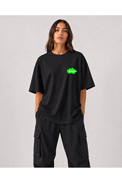 chaygoy Unisex Relaxed Fit Siyah Tişört Be Positive Baskılı %100 Pamuk