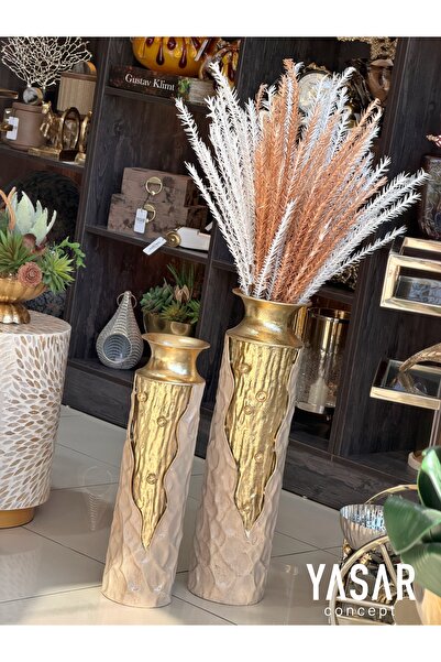 YASAR CONCEPT Cravellea Metal Yer Vazosu Set 15x55 Cm ve 17x65 Cm