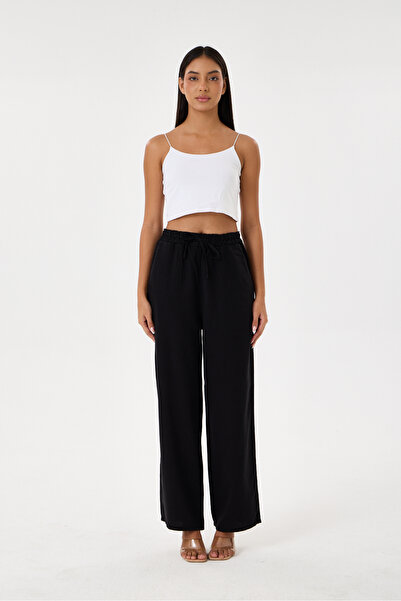 %100 TENCEL YÜKSEK BEL GENİŞ PAÇA PANTOLON (SİYAH)