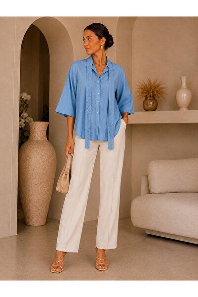 HARVEST Women's Blue Bow Tie Detail Long Cotton Shirt
