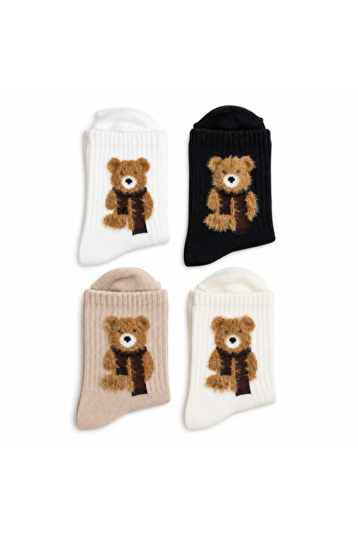 EFİLACCESSORİES 4-Piece Women's Socks Set with Bear Pattern, Soft Cotton Sock...