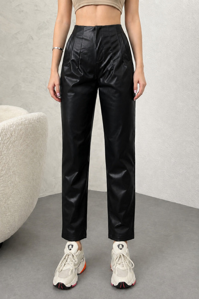 İLKCET MODA Women's Carrot Cut High Waist Leather Pants