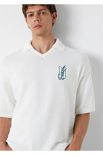 Mavi M Logo Embroidered Ecru Polo Knitwear 0710431-70057