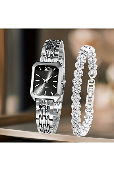 Choice5 Silver Black Kit 2PCS/Set Fashion Rectangle Women Quartz Watch Ladies...