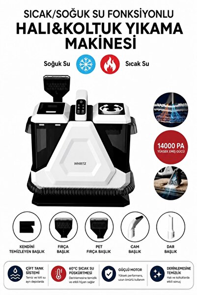 Whirtz Sıcak/Soğuk Fonksiyonlu Halı ve Koltuk Yıkama Makinesi - 14 kPA Emiş G...