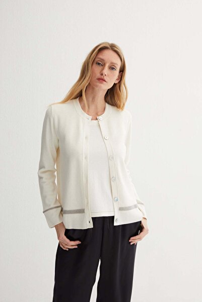 Silk and Cashmere Beyaz Grace İşlemeli Yuvarlak Yaka Hırka
