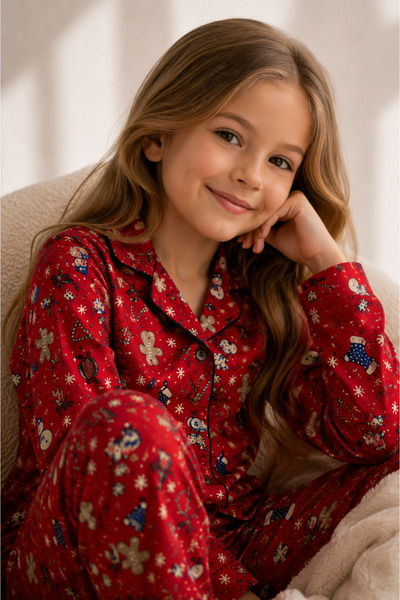 Beka Kids New Year Patterned Long Sleeve Button Front Shirt Collar Girls Pajama Set