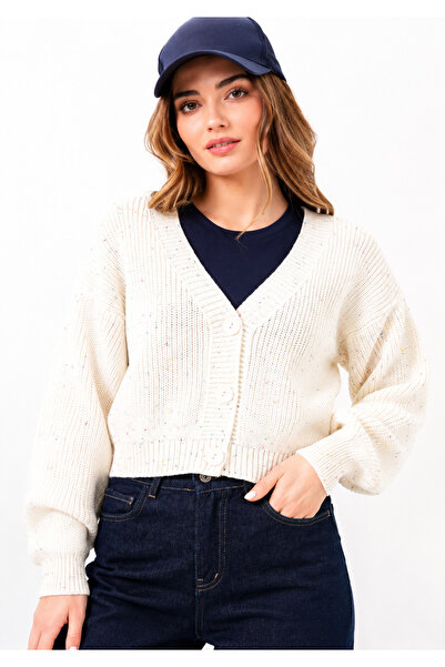 FLEX FASHION Kadın TREND crop POPÜLER ÖRGÜLÜ KISA triko Hırka EKRU