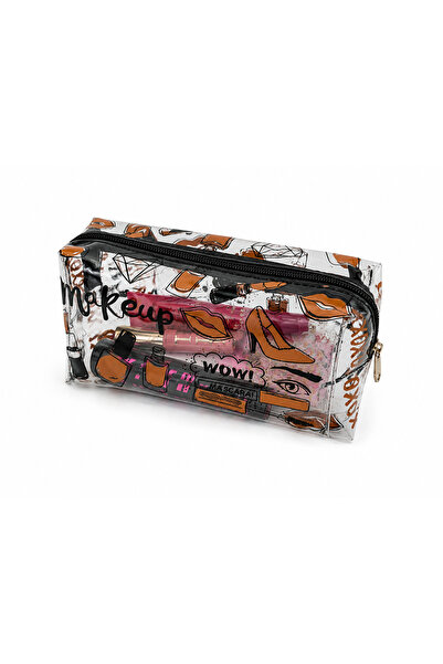 UCCELLO Transparent Patterned Makeup Bag Black Zippered Cosmetic Bag Travel a...