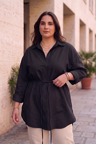 CHUL Plus Size Women's Slim Gabardine Linen Oversized Shirt with Belt - Black