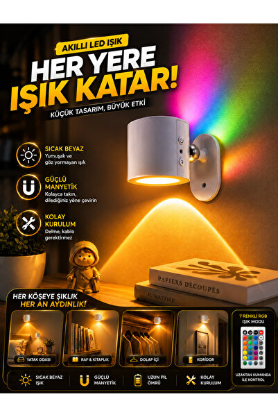MATECHNO Kablosuz Kumandalı Şarjlı 360° Duvar Aydınlatma 3 Renk Işıklı Aplik ...
