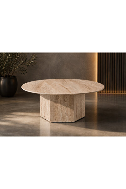 casa nexa Traverten Desenli Yuvarlak Orta Sehpa 90x90 cm Modern MDF Orta Sehp...