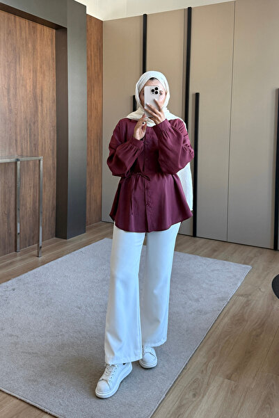 ensade Women's Summer Belted Oversize Shirt Long Sleeve Buttoned Hijab Shirt ...