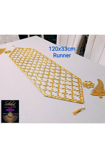 SEHARA 1 Runner/120x32cm/suni Deri/gold Varaklı(2YAPRAK,2ÇİÇEK MOTİFİ HEDİYESİ)ile Toplam 5 Parça