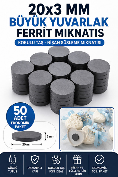 Dünya Magnet 50 Adet 20x3 Büyük Yuvarlak Ferrit Mıknatıs -kokulu Taş-nişan Sü...