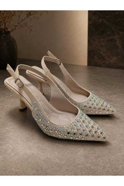 NiceDiffer Women's Beige Stone-Detail Fabric Evening Stiletto Heeled Shoes