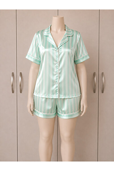 Lady Lingerie LADY Plus Size Satin Pajama Set for Women – Striped 2-Piece Sle...