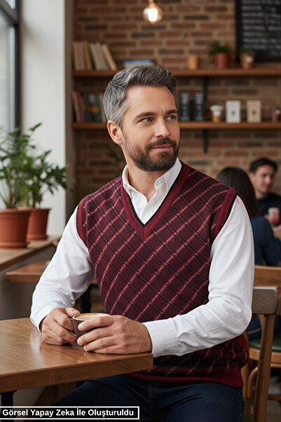 Kamalı Men's Burgundy Anti-Pilling Fabric Standard Fit Regular Cut V-Neck Kni...