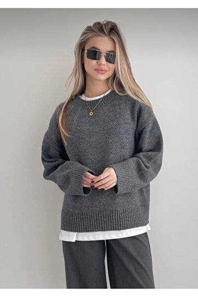 Gülce moda Anthracite Crew Neck Oversized Knit Sweater