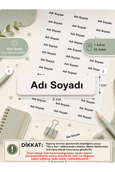 Hayali Çizgili Kişiye Özel İsim Etiketi Mat Baskı 5x1 cm 70 Adet A4 Okul İsim...