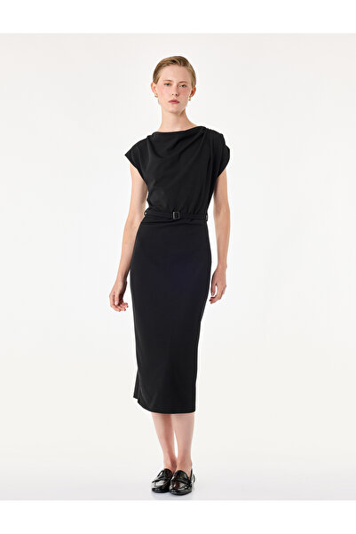 Koton Krep Scuba Belted Collar Sleeveless Midi Dress