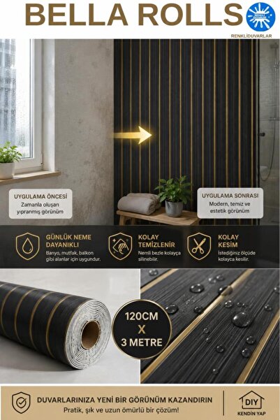 Renkli Duvarlar 120cmx300cm Tek Parça Yapışkanlı Rulo Gold Çizgili Düz Parlak...