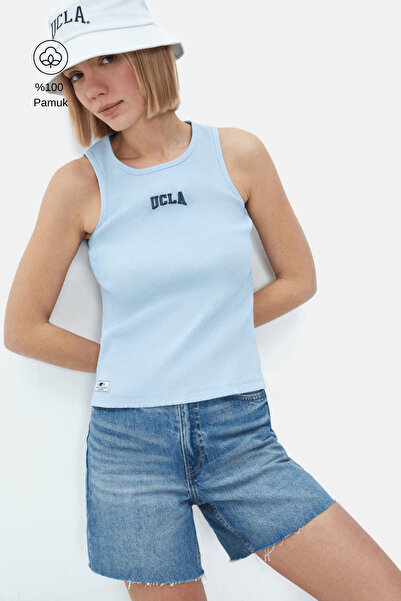 UCLA SALINAS Gök Mavisi Sıfır Kol Nakışlı %100 Pamuk Standard Fit Kadın Tshirt