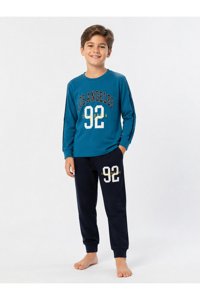 YUMİYUMM Boy's Los Angeles Printed Blue-Black Long Sleeve Pajama Set