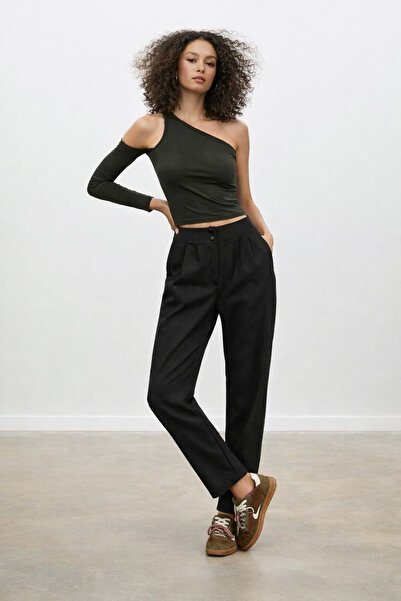 HAKKE High Waist Button Detail Carrot Cut Pants
