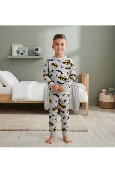 Pajama Shop Boys Cotton Gray color Bat Patterned Brushed Inside Long Sleeve W...