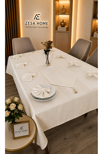 ZESA HOME Colber Stripe Detailed Tablecloth Cream 8 Person 18 Piece Table 160...
