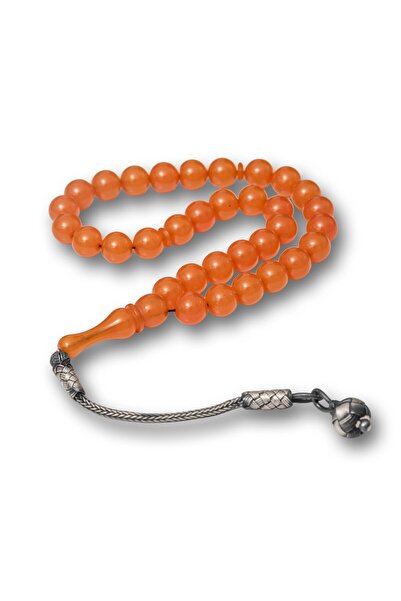 Inure Jewelry Silver Ball Kazaz Tassel Orange Crimped Amber Prayer Beads