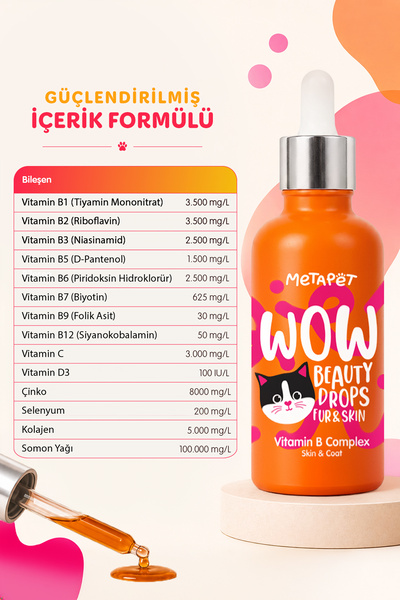 Metapet Kediler için Tüy Dökümü Önleyici, B Complex Vitaminleri Dökme Damlası, Tüy Dökülmesi Biotin ve Çinko