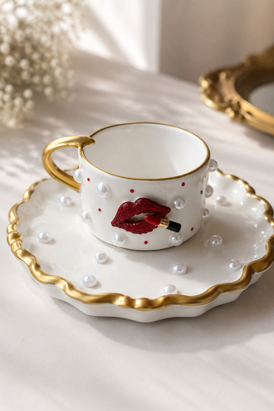 luxurychampagnetr Single Stoneware Turkish Coffee Cup with Red Lip Figure – P...