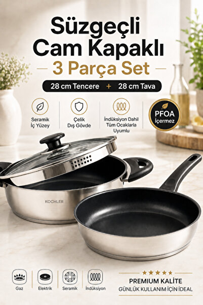 kochler 28 cm Steel Pot and Pan Set with Ceramic Inner Surface, 3-Piece with ...
