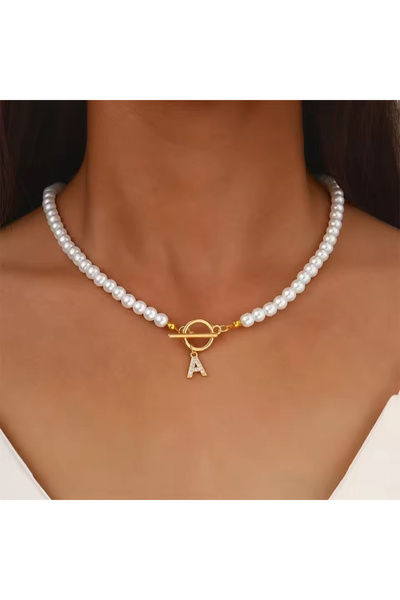 Choice A Fashion Crystal Initial Letter Charm Imitation Pearl Choker Necklace...