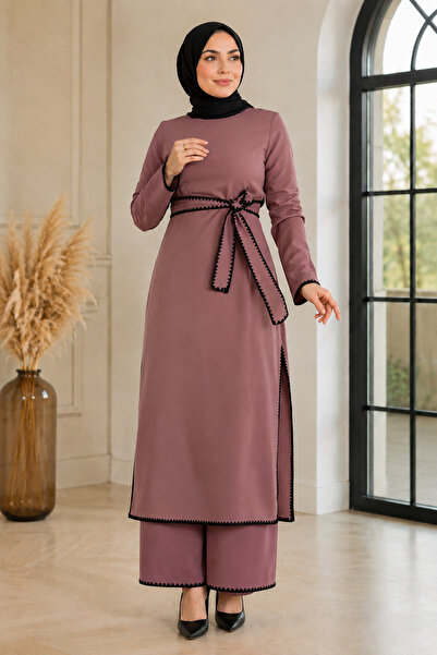 Missvalle Shepherd's Stitched Belted Suit Dusty Rose 19365