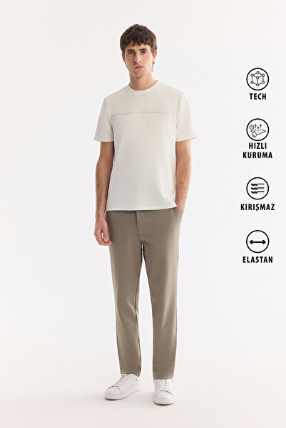 Avva Men's Khaki Side Elastic Anti-Wrinkle Technical Fabric Slim Fit Chino Tr...
